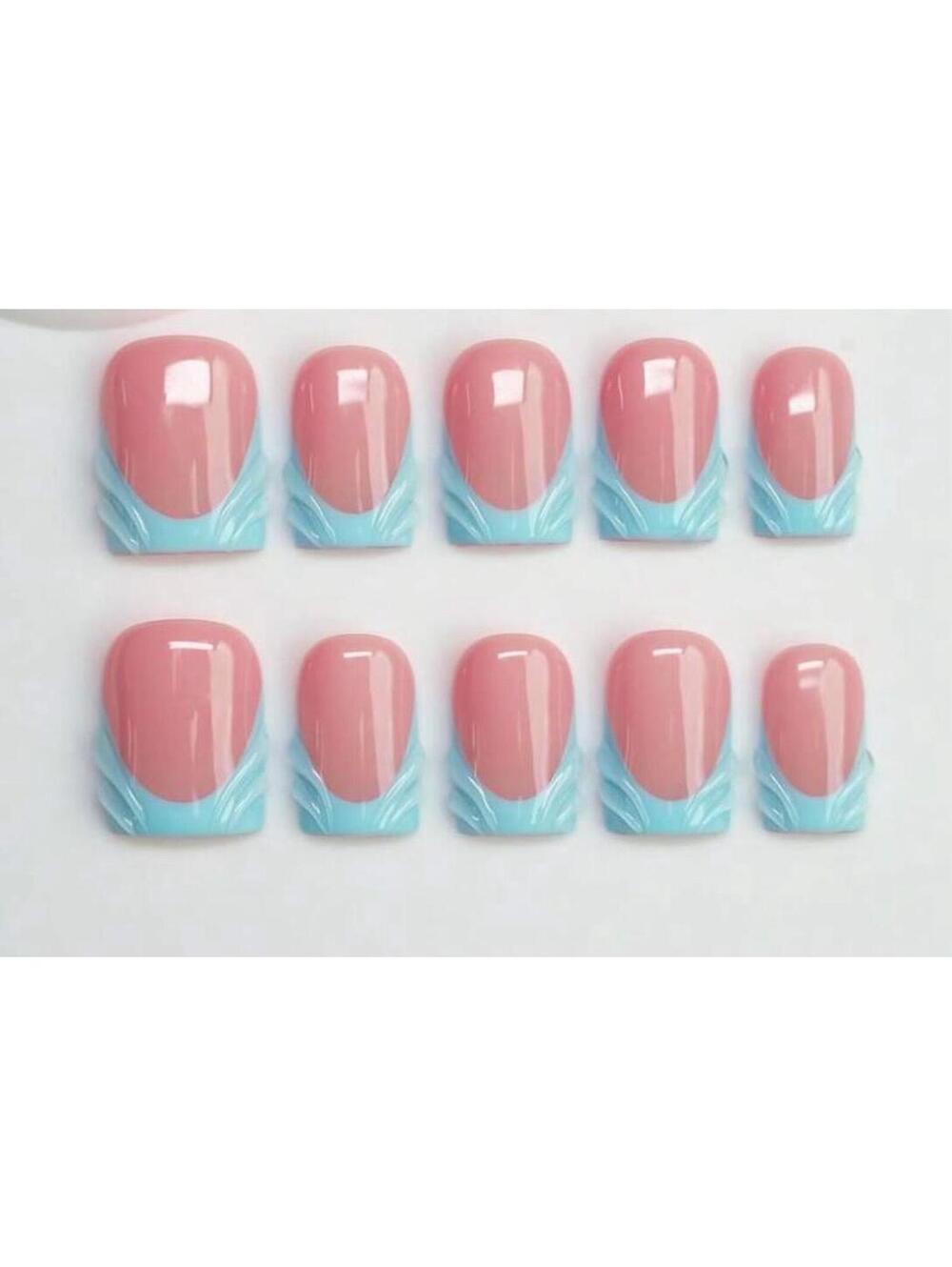 Extra short square Press on nails blue French tips nude handmade custom 3d gel